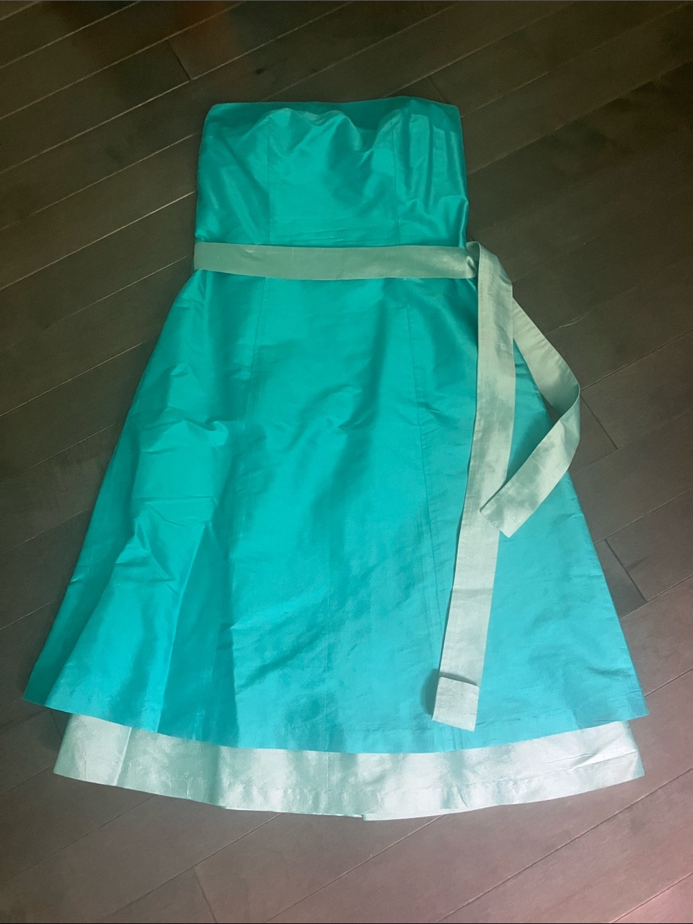 Aria 100% Silk Teal Strapless A-Line Dress with  Sash Size 8